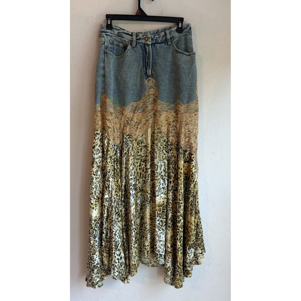 Vintage 90s Y2K Jeanology Denim Leopard Velvet Lace Maxi Skirt 6 Asymmetrical